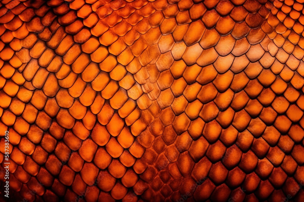 Poster a close up of a snake skin pattern with orange and yellow colors and a black background with a white