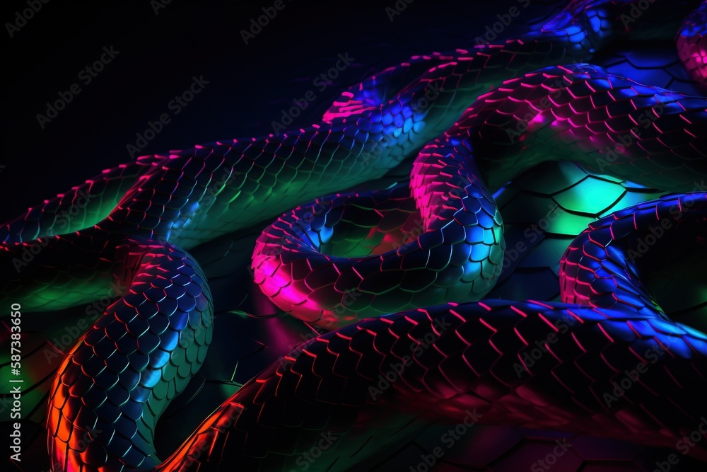 Poster a colorful snake is on a black background with a black background and a red, blue, and green snake i