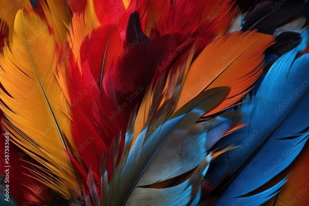 Poster a close up of a bunch of colorful feathers on a black background with a blurry image of a bird's fea