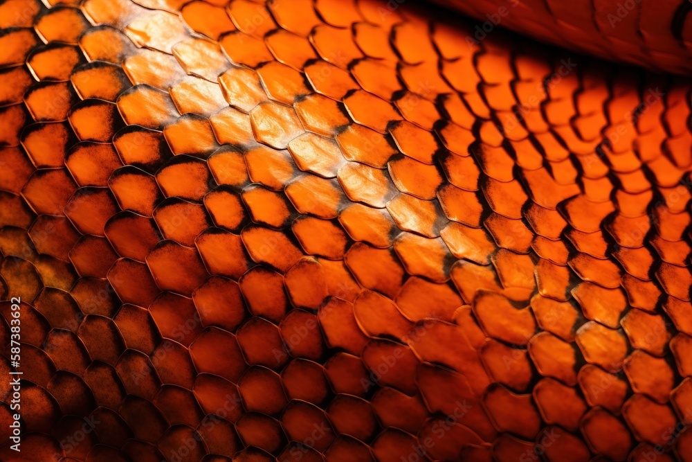 Poster a close up of a snake skin pattern on a red object with a light reflecting off of the top of it's su