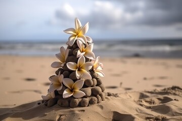 Fototapeta na wymiar a small tree made out of rocks and flowers on a beach near the ocean with a cloudy sky in the background of the picture. generative ai