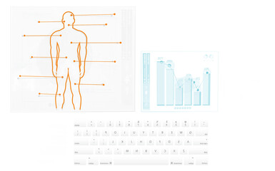 Illustration of human body with bar graph and keyboard