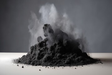  a pile of dirt with steam coming out of it on a table top with a black and white background and a black and white photo of smoke coming out of the top of the pile.  generative ai