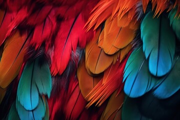  a close up of a colorful bird's feathers with many colors of blue, red, yellow, and green on it's feathers.  generative ai