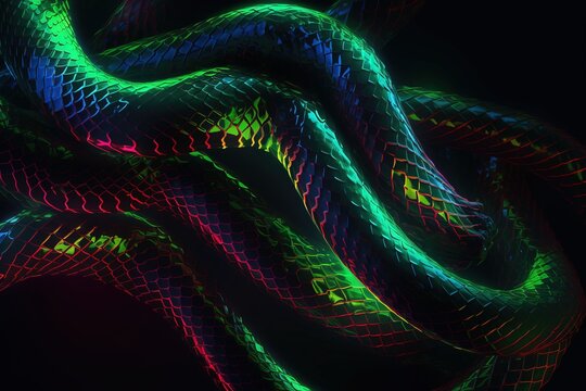  a colorful snake skin pattern on a black background with a neon light in the middle of the image and the colors of the snake skin.  generative ai
