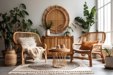 Elegant living room with wooden armchairs and houseplants. Generative AI