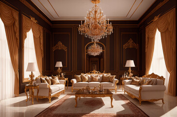 Fototapeta na wymiar Luxury interior of living room. Rich fashionable room design with furniture. Generative AI.