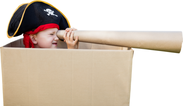 Boy with artificial telescope in cardboard box - Powered by Adobe