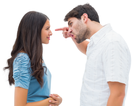 Angry man shouting at upset girlfriend