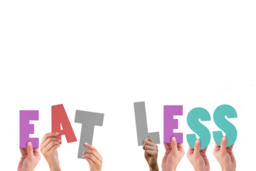 Cropped hands holding colorful words eat less 