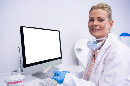 Portrait of dentist working while sitting by computer