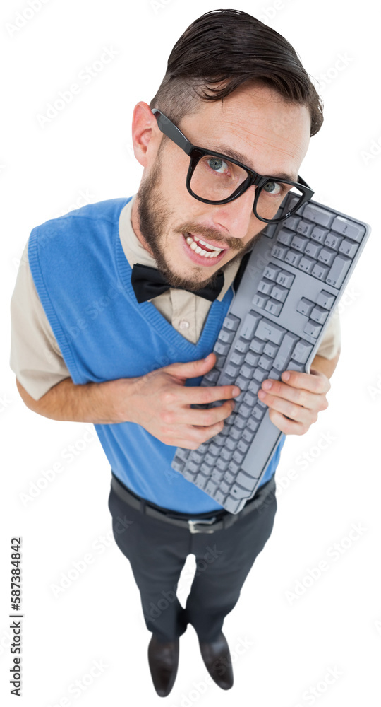 Poster geeky hipster looking at camera holding keyboard