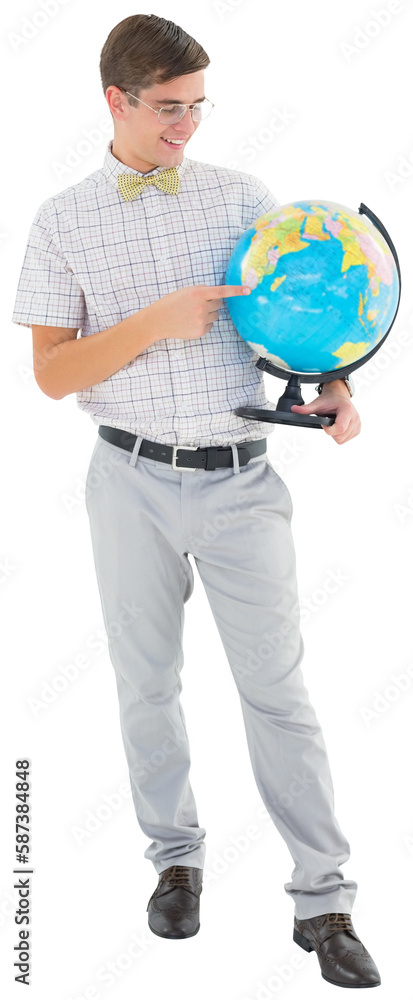 Poster geeky hipster holding a globe smiling at camera