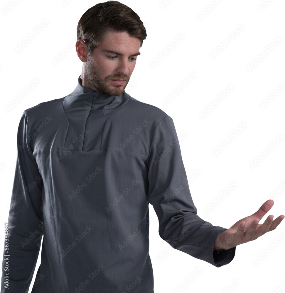 Poster man pretending to hold an invisible object
