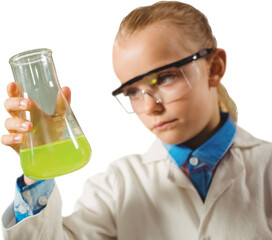 Serious girl in lab coat looking at chemical