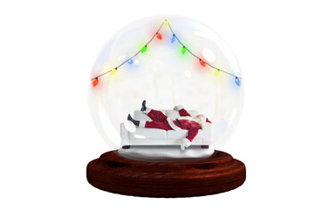 Santa sleeping in snow globe