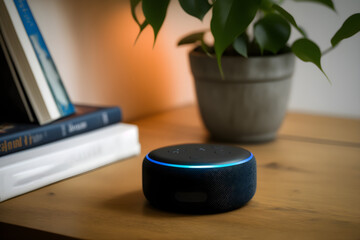 Black smart speaker voice-controlled assistant for music, news, information