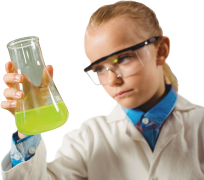 Serious girl in lab coat looking at chemical - Powered by Adobe