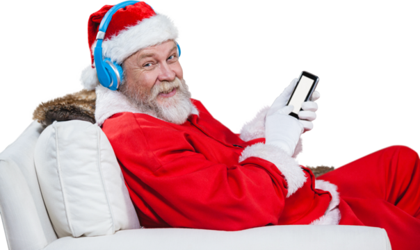 Santa Claus with headphones using mobile phone