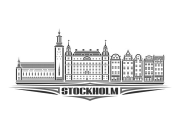 Fototapeta na wymiar Vector illustration of Stockholm, monochrome horizontal card with linear design stockholm city scape, european urban line art concept with decorative lettering for text stockholm on white background