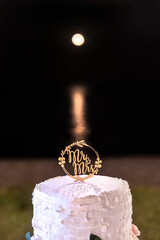 Originale Cake topper con posizionato sopra una bellissima torta, sullo sfondo si vede la luna