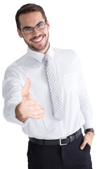 Happy businessman with glasses offering handshake