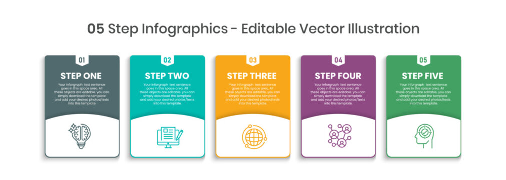 5 Steps Infographics Design Template - Graph, Pie chart, workflow layout, squire diagram, brochure, report, presentation, web design. Editable Vector illustration