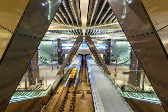 Metro underground station Centraal Station of Noord Zuidlijn public transport in Amsterdam, Netherlands