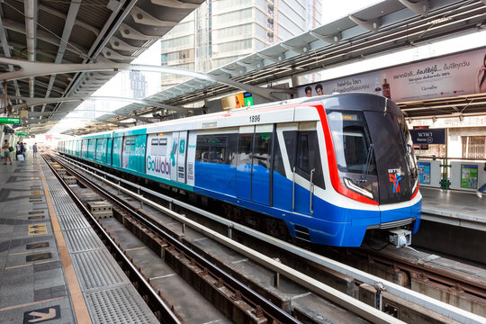Metro train of BTS SkyTrain Sukhumvit Line at Nana station public transport in Bangkok, Thailand