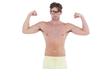 Geeky hipster posing topless