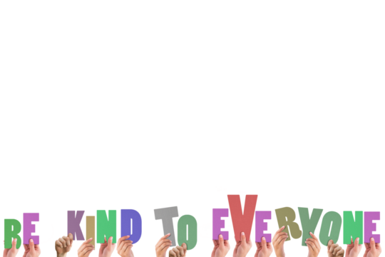 Colorful alphabet spelling be like to everyone held up by people  - Powered by Adobe