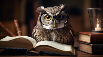 smart owl perches on a stack of books in a cozy reading nook, reading (created with Generative AI)