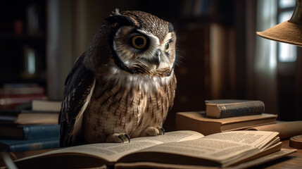 smart owl perches on a stack of books in a cozy reading nook, reading (created with Generative AI)