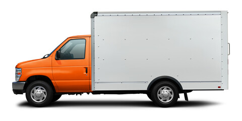 Small delivery cargo van with white van and orange cab isolated on white background.
