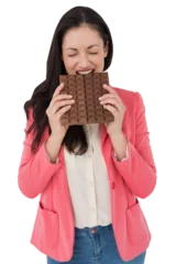 Poster Brunette biting bar of chocolate © vectorfusionart