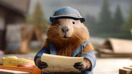 diligent beaver, dressed in a construction worker's outfit, examining a blueprint and building site (created with Generative AI) - obrazy, fototapety, plakaty