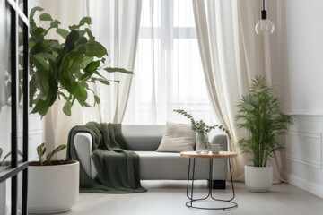 Living room interior with plants and sofa near wooden table