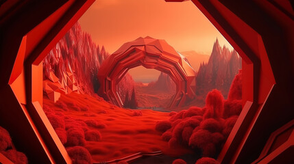 Geometric hexagonal shape portal and red rocky mountains. Generative Ai