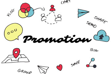 Promotion text amidst various icons