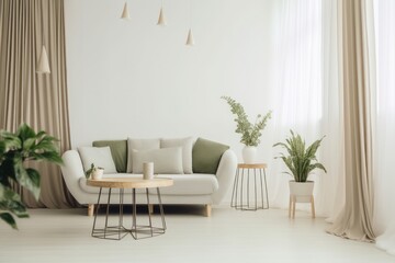 Living room interior with plants and sofa near wooden table