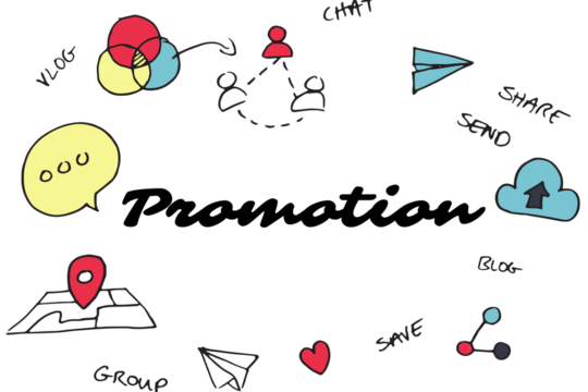 Promotion text amidst various icons