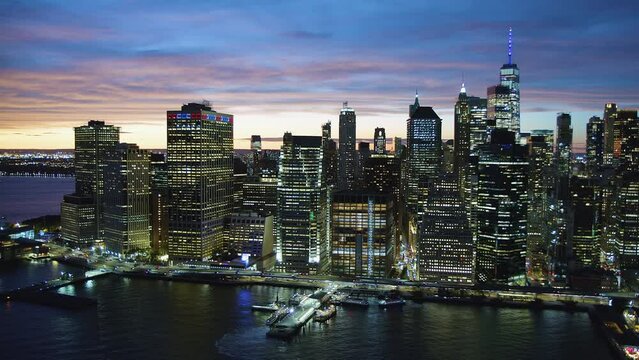 
Amazing view of the New York City. High Quality Footage Shot from Helicopter over East River. Lower Manhattan, Wall Street, Financial District. United States. FDR Dr Full of Cars.
