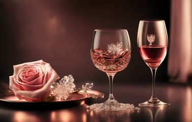 two wine glasses and a rose on a table - Generative AI