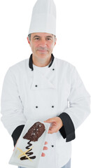 Portrait of a chef presenting a chocolate cakes