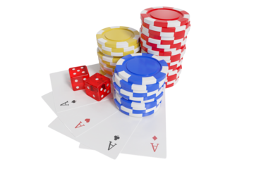 High angle view of casino tokens with dice and playing cards