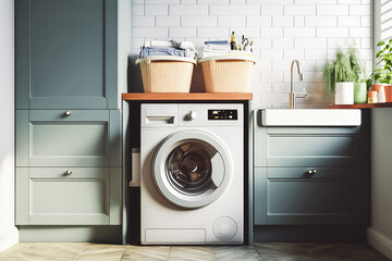 Interior of home laundry room with modern washing machine. Generative ai