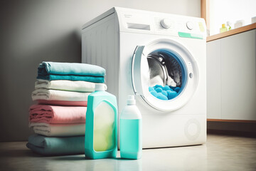 Detergent bottle and towels on washing machine in modern bathroom. Generative ai