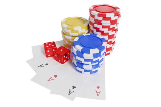 High angle view of casino tokens with dice and playing cards - Powered by Adobe