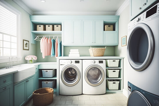 Interior of home laundry room, generative ai.