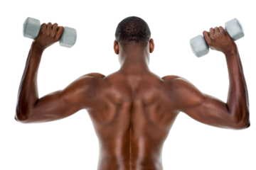 Rear view of a fit shirtless man lifting dumbbells